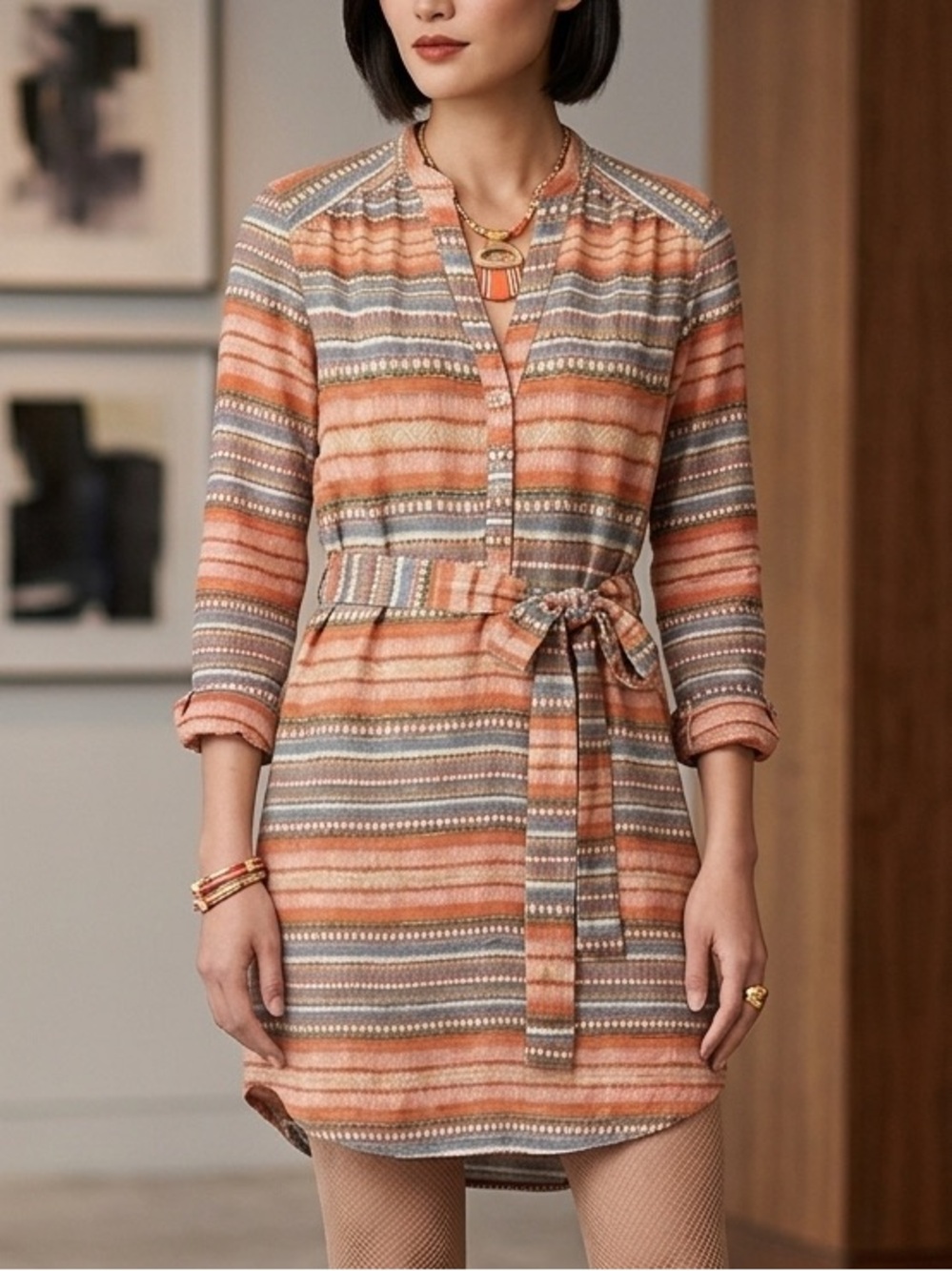 Chelsea & Violet Orange Tribal Stripe Shirt Dress Small Boho Southwestern Belted